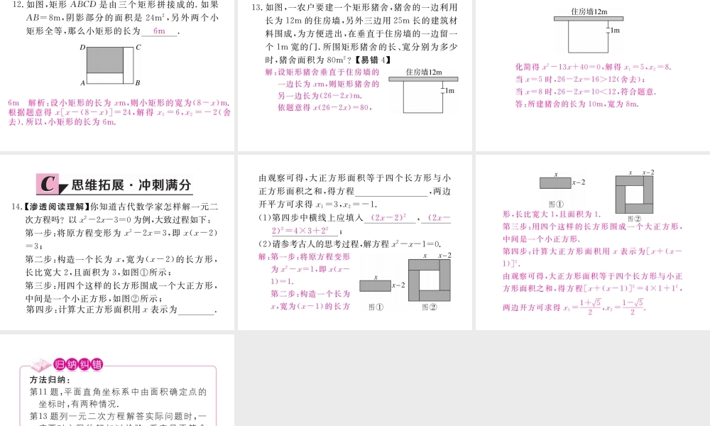 （河南专版）秋九年级数学上册 第二章 一元二次方程 2.3 用公式法求解一元二次方程 第2课时 利用一元二次方程解决面积问题习题讲评课件 （新版）北师大版-（新版）北师大版初中九年级上册数学课件