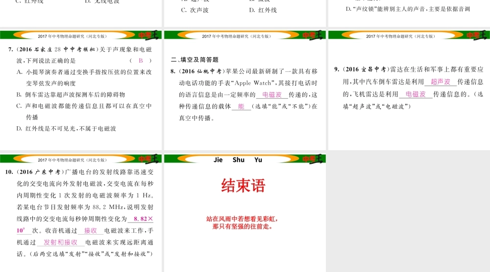 （河北专版）中考物理总复习 第一编 教材知识梳理 第十七讲 信息的传递 能源与可持续发展 优化训练28 信息的传递课件-人教版初中九年级全册物理课件