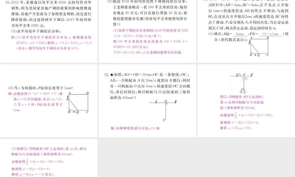 （河南专版）秋九年级数学上册 第二章 一元二次方程 2.6 应用一元二次方程 第1课时 行程（或动点）问题及平均变化率问题习题讲评课件 （新版）北师大版-（新版）北师大版初中九年级上册数学课件