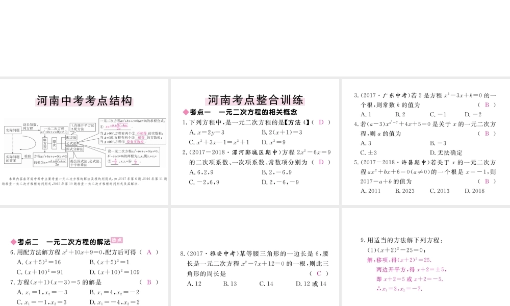 （河南专版）秋九年级数学上册 第二章 一元二次方程本章小结与复习习题讲评课件 （新版）北师大版-（新版）北师大版初中九年级上册数学课件