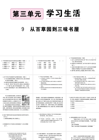 （河北专版）秋七年级语文上册 第三单元 9 从百草园到三味书屋习题课件 新人教版-新人教版初中七年级上册语文课件