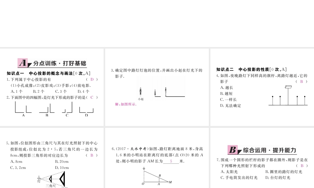 （河南专版）秋九年级数学上册 第五章 投影与视图 5.1 投影 第1课时 投影的概念与中心投影习题讲评课件 （新版）北师大版-（新版）北师大版初中九年级上册数学课件