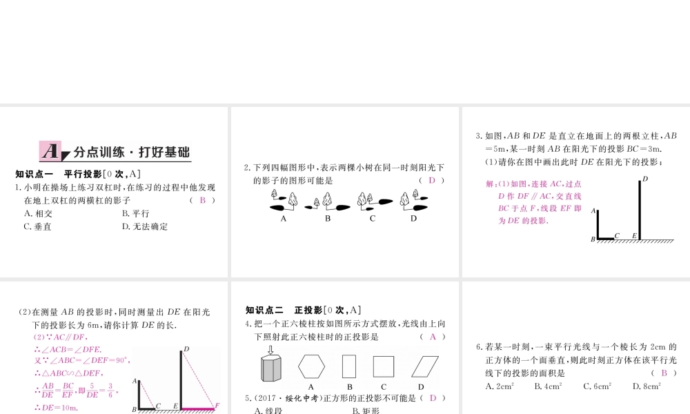 （河南专版）秋九年级数学上册 第五章 投影与视图 5.1 投影 第2课时 平行投影与中心投影习题讲评课件 （新版）北师大版-（新版）北师大版初中九年级上册数学课件