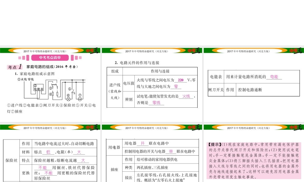 （河北专版）中考物理总复习 第一编 教材知识梳理 第十五讲 生活用电课件-人教版初中九年级全册物理课件