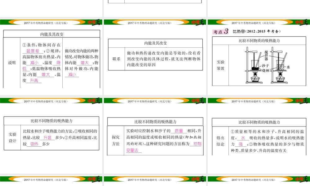 （河北专版）中考物理总复习 第一编 教材知识梳理 第十一讲 内能 内能的利用 课时1 分子热运动 内能 比热容课件-人教版初中九年级全册物理课件