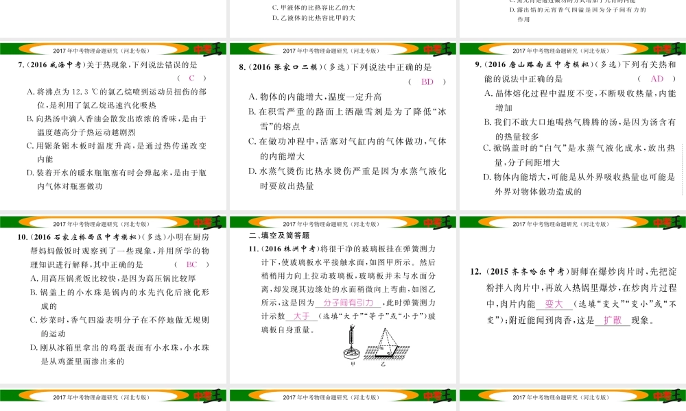 （河北专版）中考物理总复习 第一编 教材知识梳理 第十一讲 内能 内能的利用 优化训练16 分子热运动 内能 比热容课件-人教版初中九年级全册物理课件