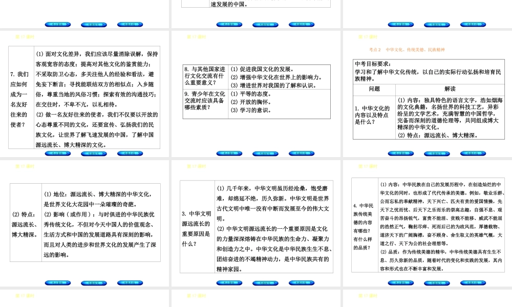 （河北专版）中考政治复习方案 第五单元 知晓国情 报效祖国 第17课时 多元文化 民族精神课件-人教版初中九年级全册政治课件