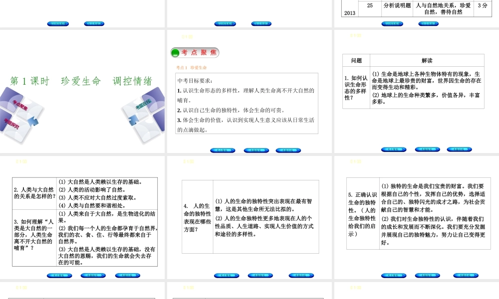 （河北专版）中考政治复习方案 第一单元 热爱生活 适应社会 第1课时 珍爱生命 调控情绪课件-人教版初中九年级全册政治课件