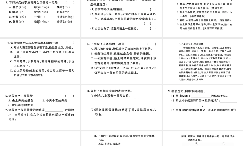 （河北专版）秋七年级语文上册 第一单元 2 济南的冬天习题课件 新人教版-新人教版初中七年级上册语文课件