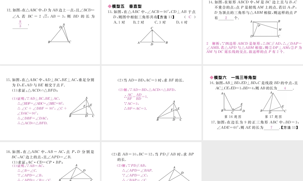 （河南专版）秋九年级数学上册 河南高频考点模型构建专题 相似三角形的基本模型习题讲评课件 （新版）北师大版-（新版）北师大版初中九年级上册数学课件