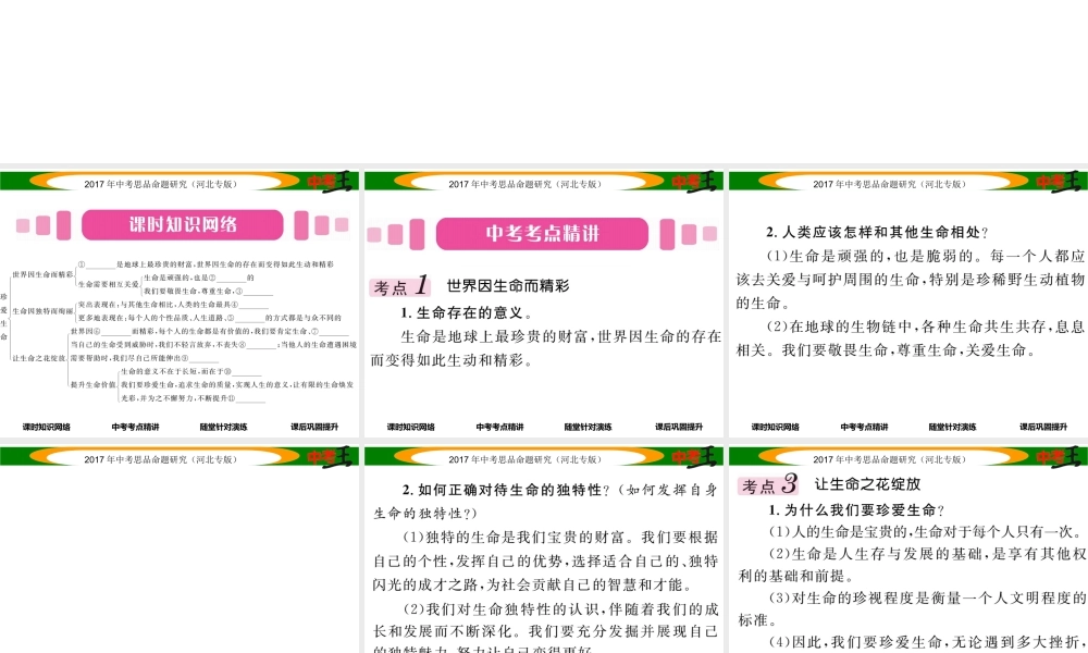 （河北专版）中考政治总复习 考点梳理 第1课时 珍爱生命（八上 第三课）课件-人教版初中九年级全册政治课件