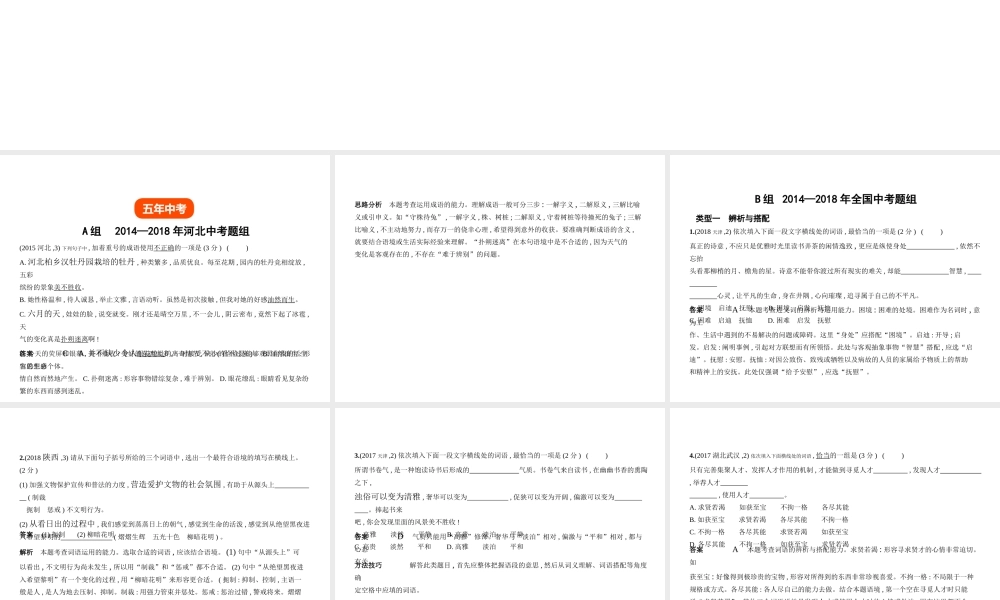 （河北专版）中考语文总复习 第一部分 基础知识积累与运用 专题二 词语（含熟语）的理解与运用（试题部分）课件-人教版初中九年级全册语文课件