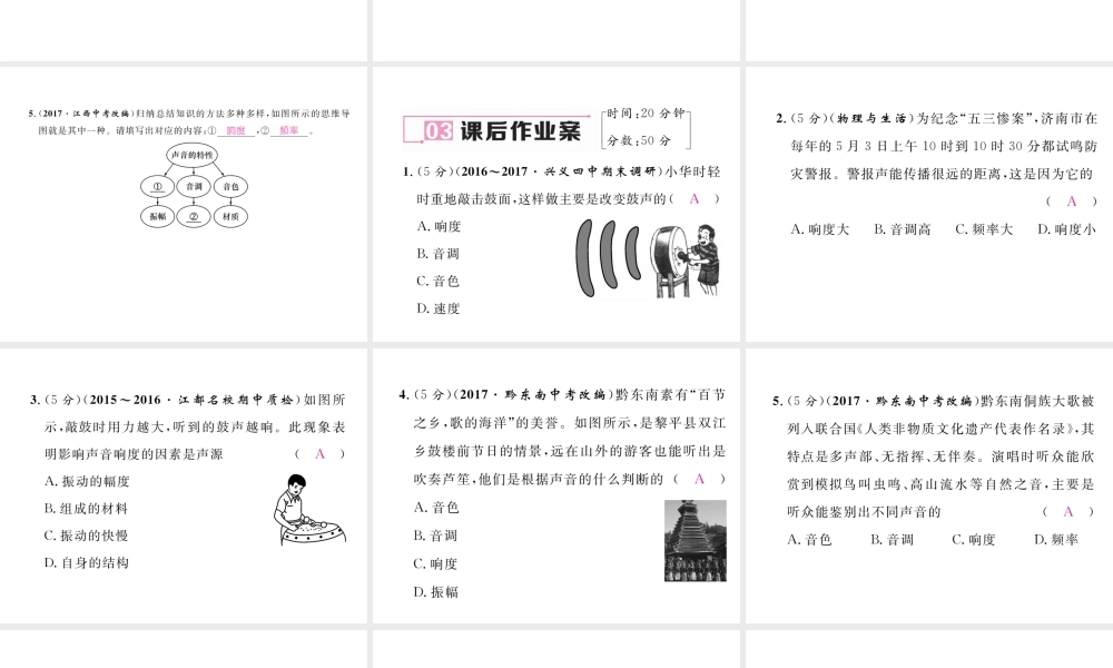 （黔西南地区）八年级物理上册 2.2 声音的特性 第2课时 响度 音色作业课件 （新版）新人教版-（新版）新人教版初中八年级上册物理课件