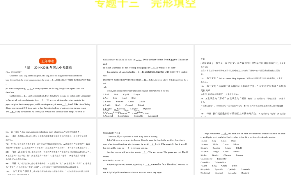 （河北专用）中考英语复习 专题十三 完形填空（试卷部分）课件-人教版初中九年级全册英语课件