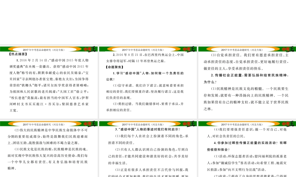 （河北专版）中考政治总复习 热点专题攻略 专题9 学习“感动中国”人物 传播社会正能量课件-人教版初中九年级全册政治课件