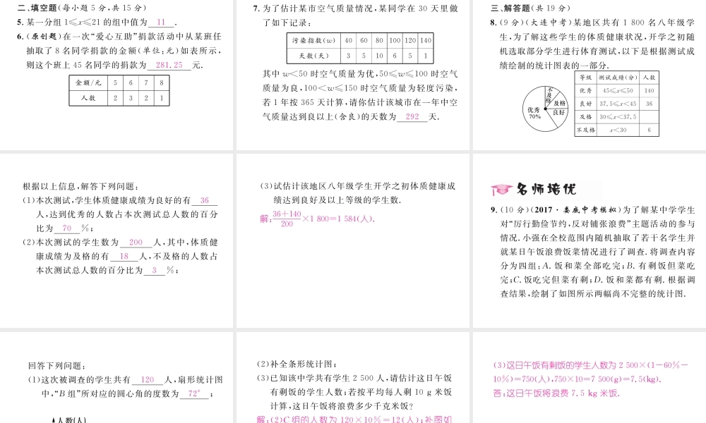 （黔西南专版）春八年级数学下册 第20章 数据的分析 20.1.1 平均数 第2课时 用样本平均数估计总体平均数作业课件 （新版）新人教版-（新版）新人教版初中八年级下册数学课件