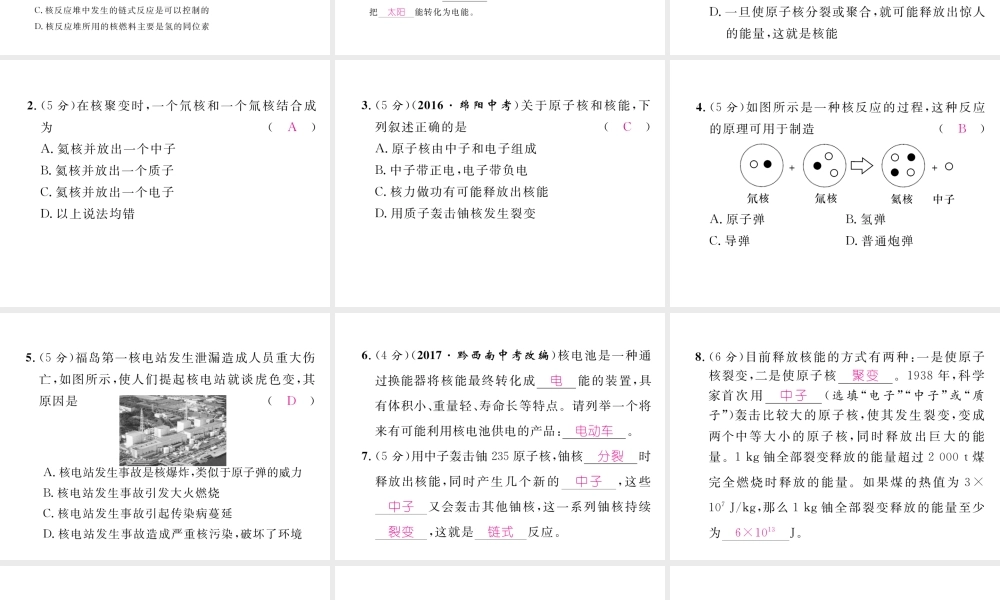 （黔西南地区）秋九年级物理全册 第22章 能源与可持续发展 第2节 核能习题课件 （新版）新人教版-（新版）新人教版初中九年级全册物理课件