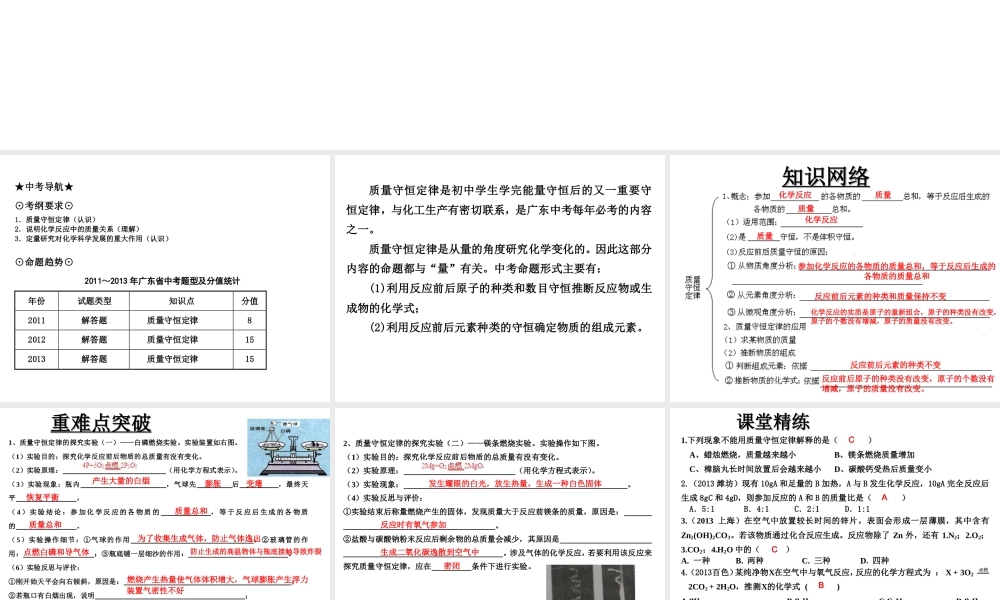 （高分突破 考前最后冲刺）2014届中考化学 考点6 质量守恒定律课件（中考导航+命题趋势+重难点突破）