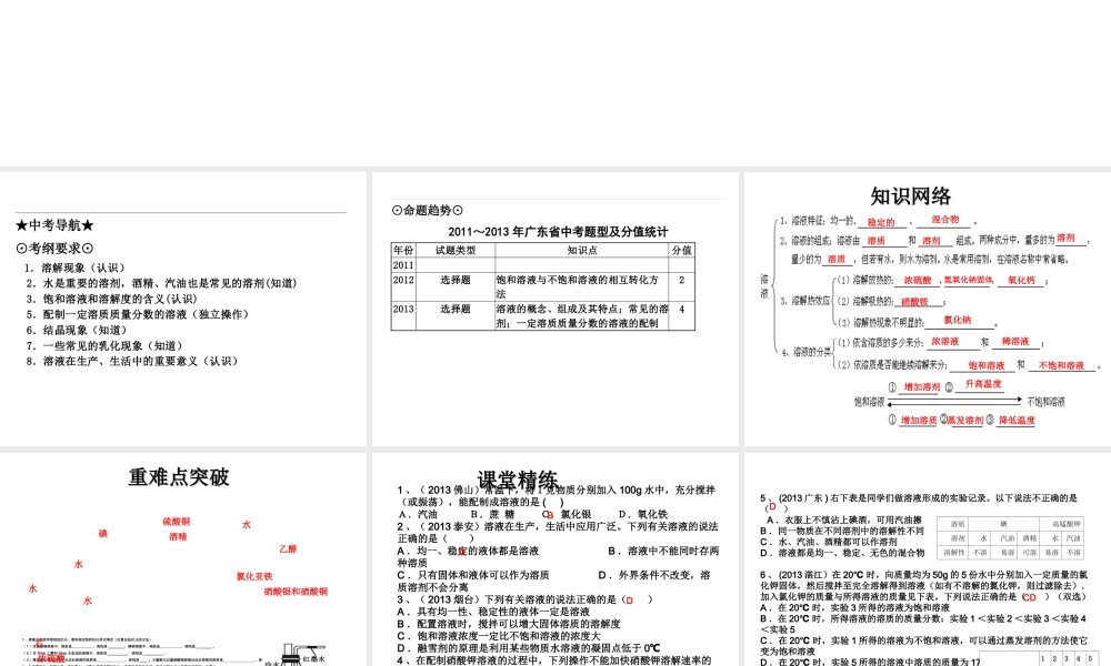 （高分突破 考前最后冲刺）2014届中考化学 考点11 溶液的形成、饱和溶液与不饱和溶液课件（中考导航+命题趋势+重难点突破）