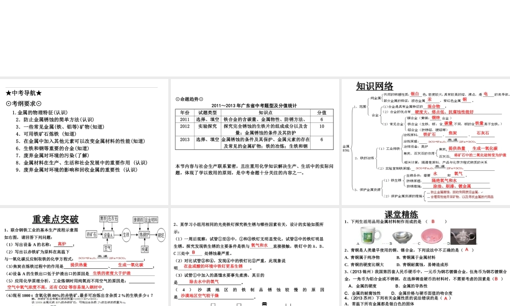 （高分突破 考前最后冲刺）2014届中考化学 考点15 金属材料及其利用和保护课件（中考导航+命题趋势+重难点突破）