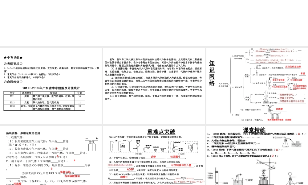 （高分突破 考前最后冲刺）2014届中考化学 考点25 常见气体的制取、净化、收集课件（中考导航+命题趋势+重难点突破）