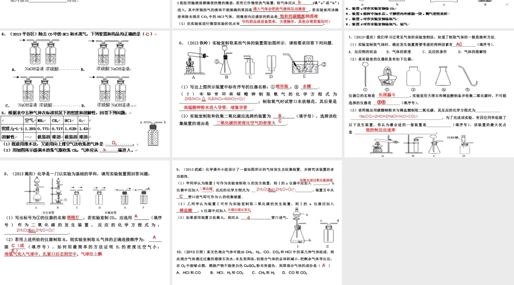 （高分突破 考前最后冲刺）2014届中考化学 考点25 常见气体的制取、净化、收集课件（中考导航+命题趋势+重难点突破）