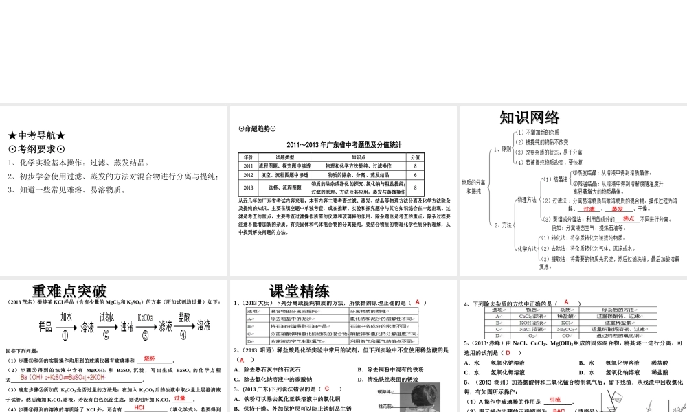 （高分突破 考前最后冲刺）2014届中考化学 考点26 物质的分离与提纯课件（中考导航+命题趋势+重难点突破）