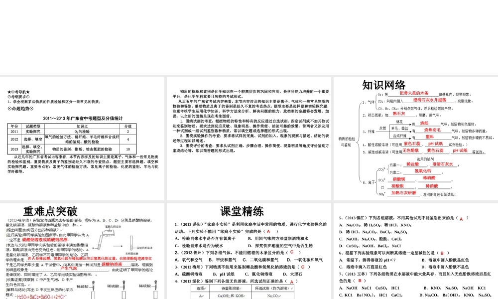 （高分突破 考前最后冲刺）2014届中考化学 考点27 物质的检验与鉴别课件（中考导航+命题趋势+重难点突破）