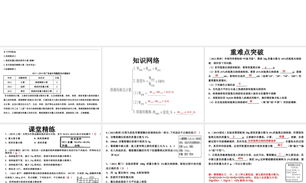 （高分突破 考前最后冲刺）2014届中考化学 考点33 有关溶液的计算课件（中考导航+命题趋势+重难点突破）