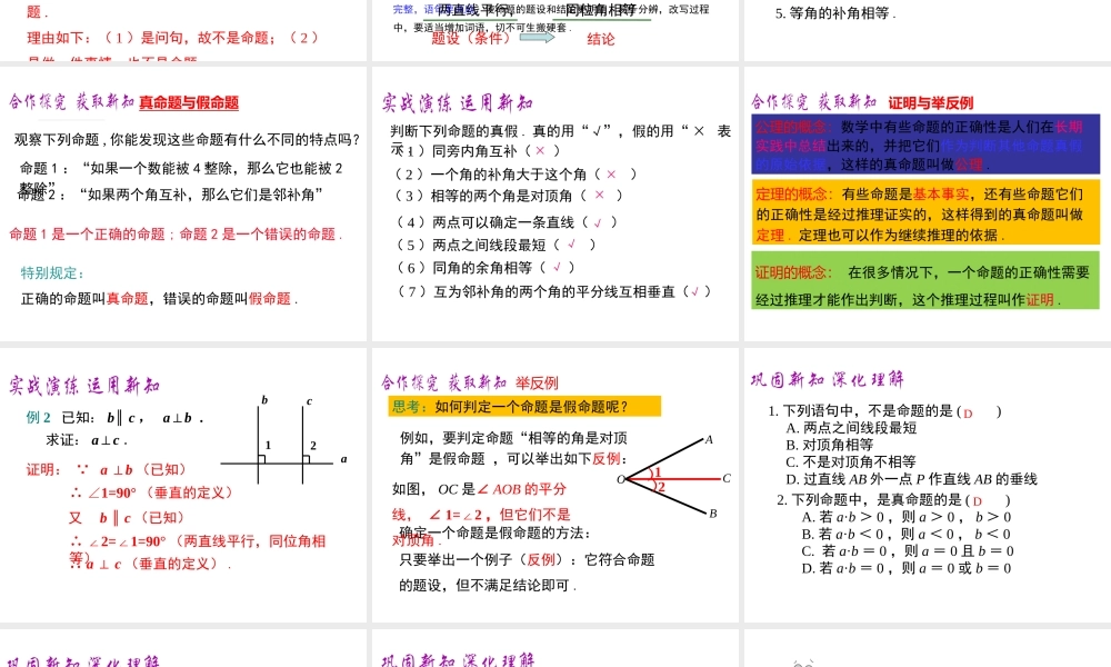 （黔西南专版）七年级数学下册 5.3 平行线的性质 5.3.2 命题、定理、证明课件 （新版）新人教版-（新版）新人教版初中七年级下册数学课件