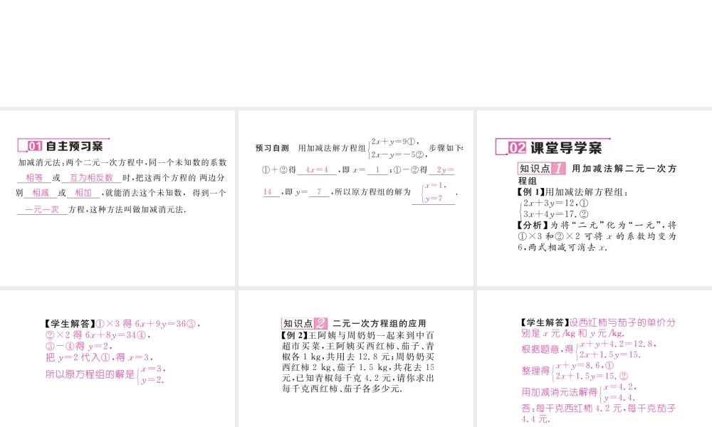 （黔西南专级数学下册 第8章 二元一次方程组 8.2 第2课时 用加减法解二元一次方程组作业课件 （新版）新人教版-（新版）新人教级下册数学课件
