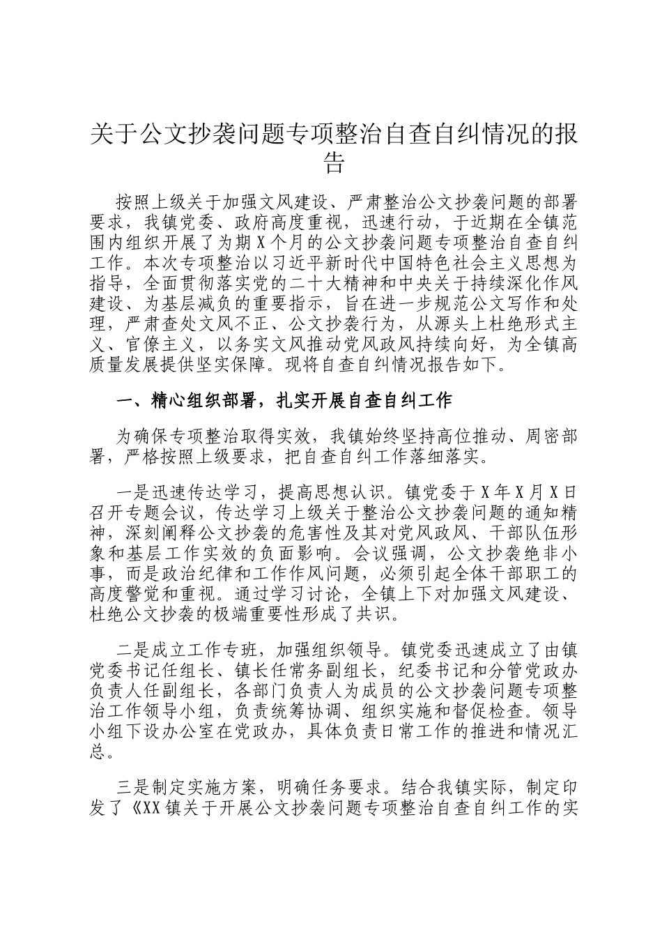 关于公文抄袭问题专项整治自查自纠情况的报告_第1页