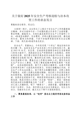 关于做好2025年安全生产考核迎检与治本攻坚工作的表态发言