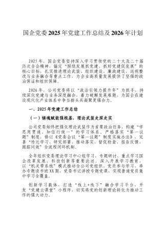 国企党委2025年党建工作总结及2026年计划