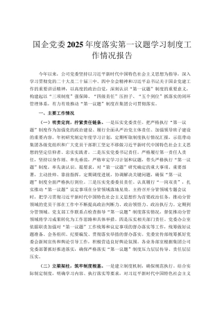 国企党委2025年度落实第一议题学习制度工作情况报告