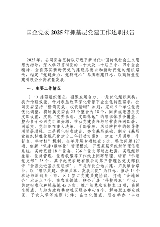 国企党委2025年抓基层党建工作述职报告