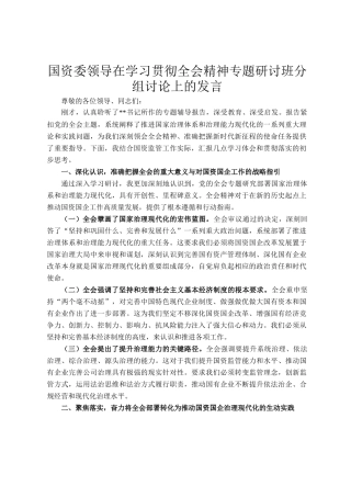 国资委领导在学习贯彻全会精神专题研讨班分组讨论上的发言