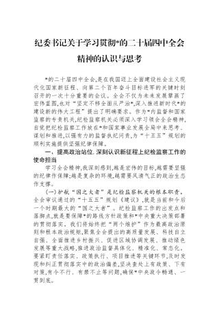 纪委书记关于学习贯彻党的二十届四中全会精神的认识与思考