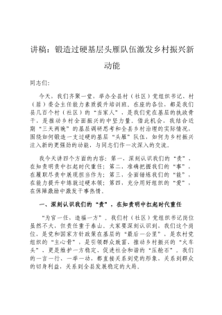 讲稿：锻造过硬基层头雁队伍激发乡村振兴新动能定