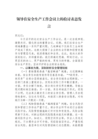 领导在安全生产工作会议上的检讨表态发言