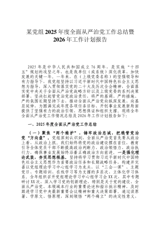 某党组2025年度全面从严治党工作总结暨2026年工作计划报告