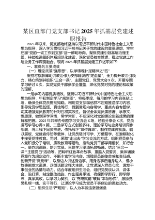 某区直部门党支部书记2025年抓基层党建述职报告