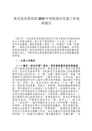 某市发改委党组2025年度抓基层党建工作述职报告