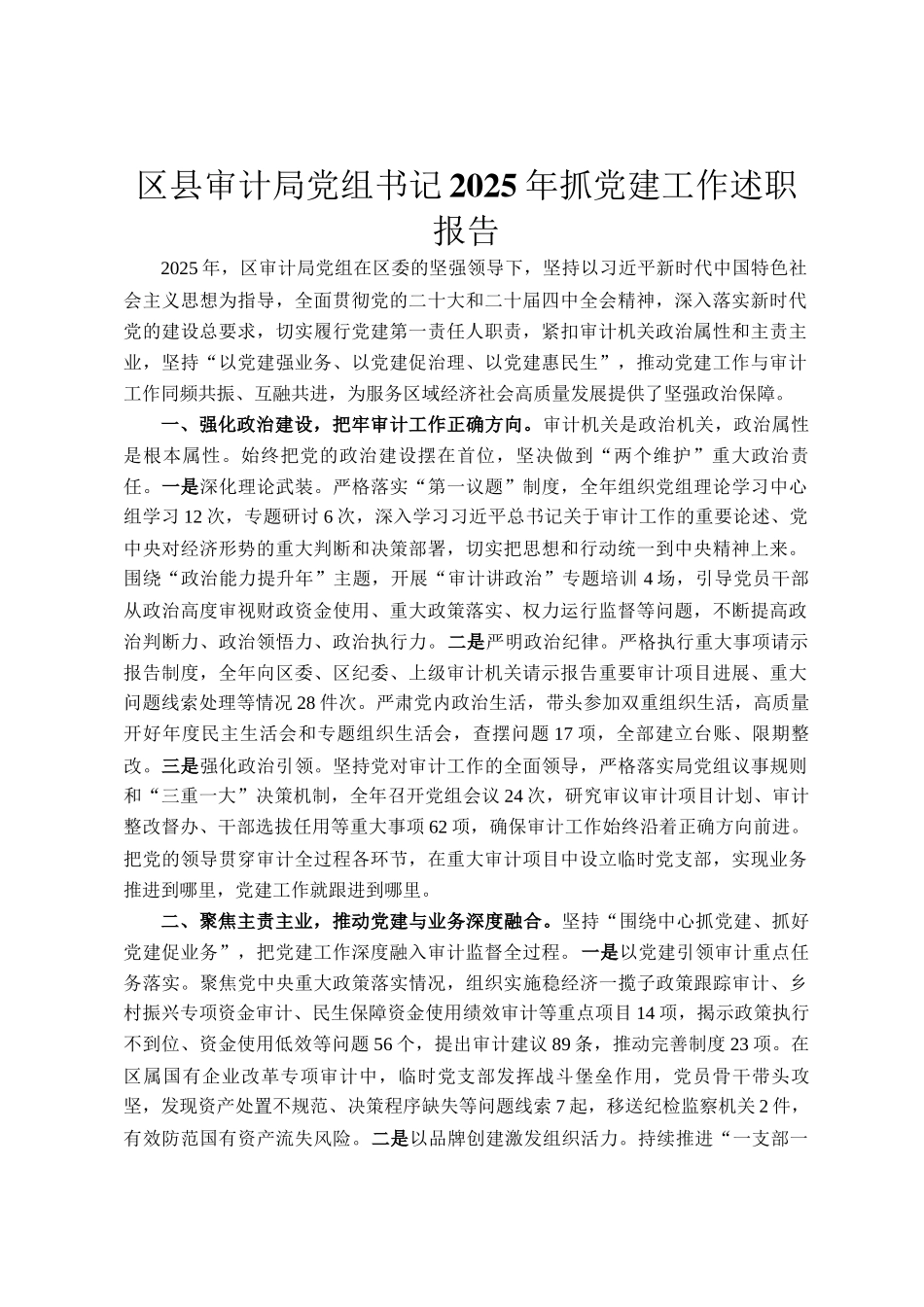 区县审计局党组书记2025年抓党建工作述职报告_第1页
