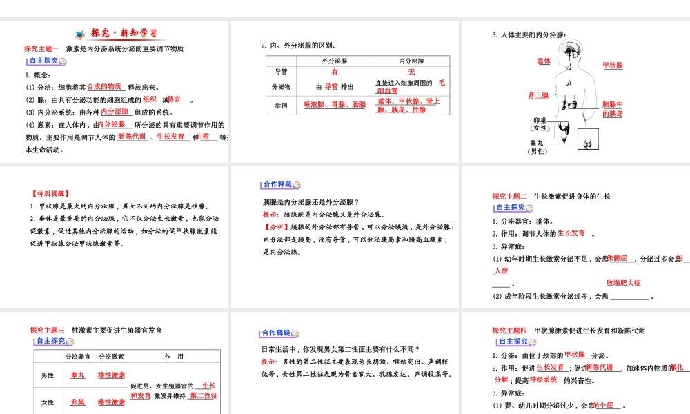 （金榜新学期）2014届七年级生物下册 激素调节（自主探究+合作释疑）名师课件 新人教版