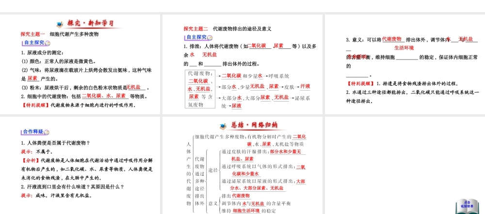 （金榜新学期）2014届七年级生物下册 人体产生的代谢废物（自主探究+合作释疑）名师课件 新人教版