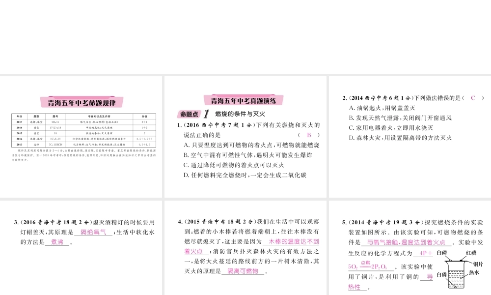 （青海专版）中考化学复习 第1编 教材知识梳理篇 第7单元 燃料及其利用五年中考真题演练（精讲）课件-人教版初中九年级全册化学课件