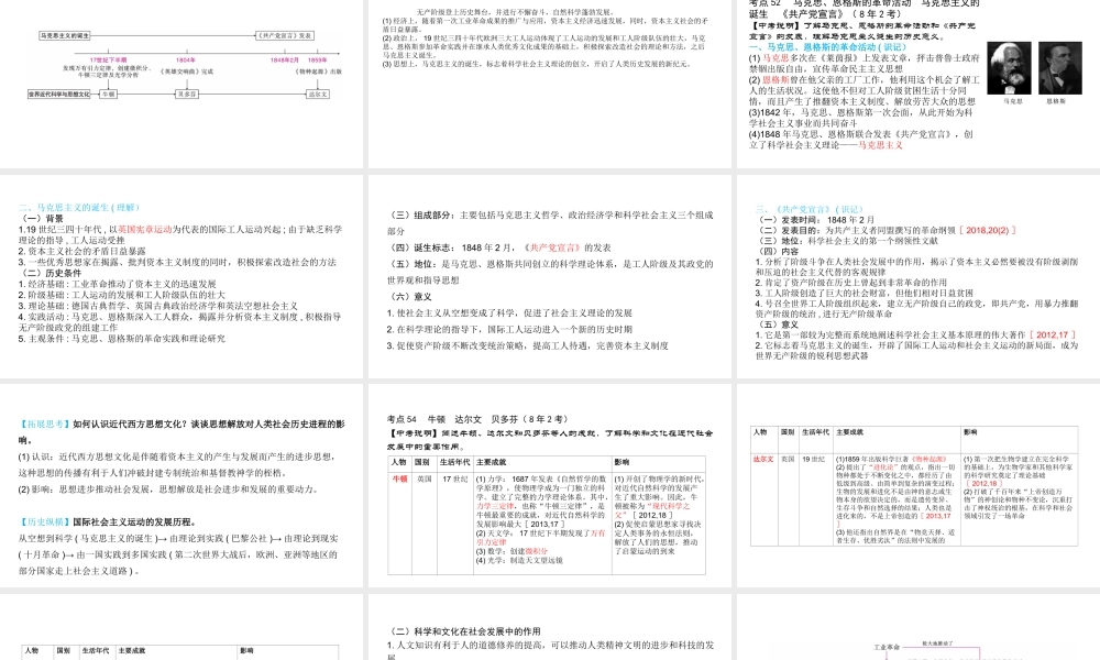 （陕西专用）2019版中考历史一练通 第一部分 教材知识梳理 板块四 世界古代、近代史 主题二十二 马克思主义的诞生和世界近代科学与思想文化教学课件-人教版初中九年级全册历史课件
