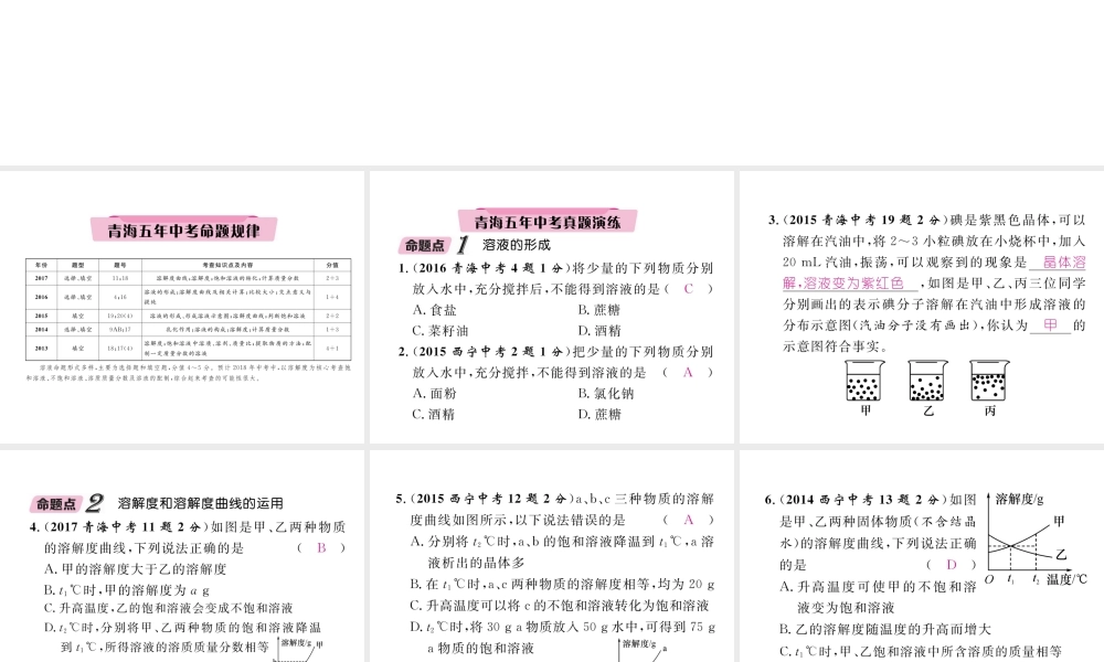 （青海专版）中考化学复习 第1编 教材知识梳理篇 第9单元 溶液五年中考真题演练（精讲）课件-人教版初中九年级全册化学课件