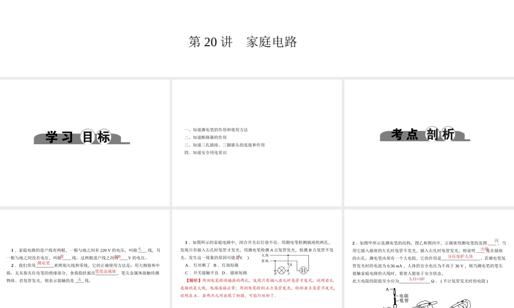 （金华地区）中考科学总复习 满分策略 第二部分 物理部分 第20讲 家庭电路课件-人教版初中九年级全册自然科学课件